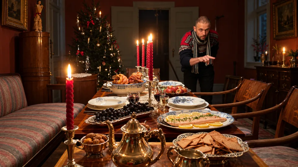 Director on a film set by candlelight.