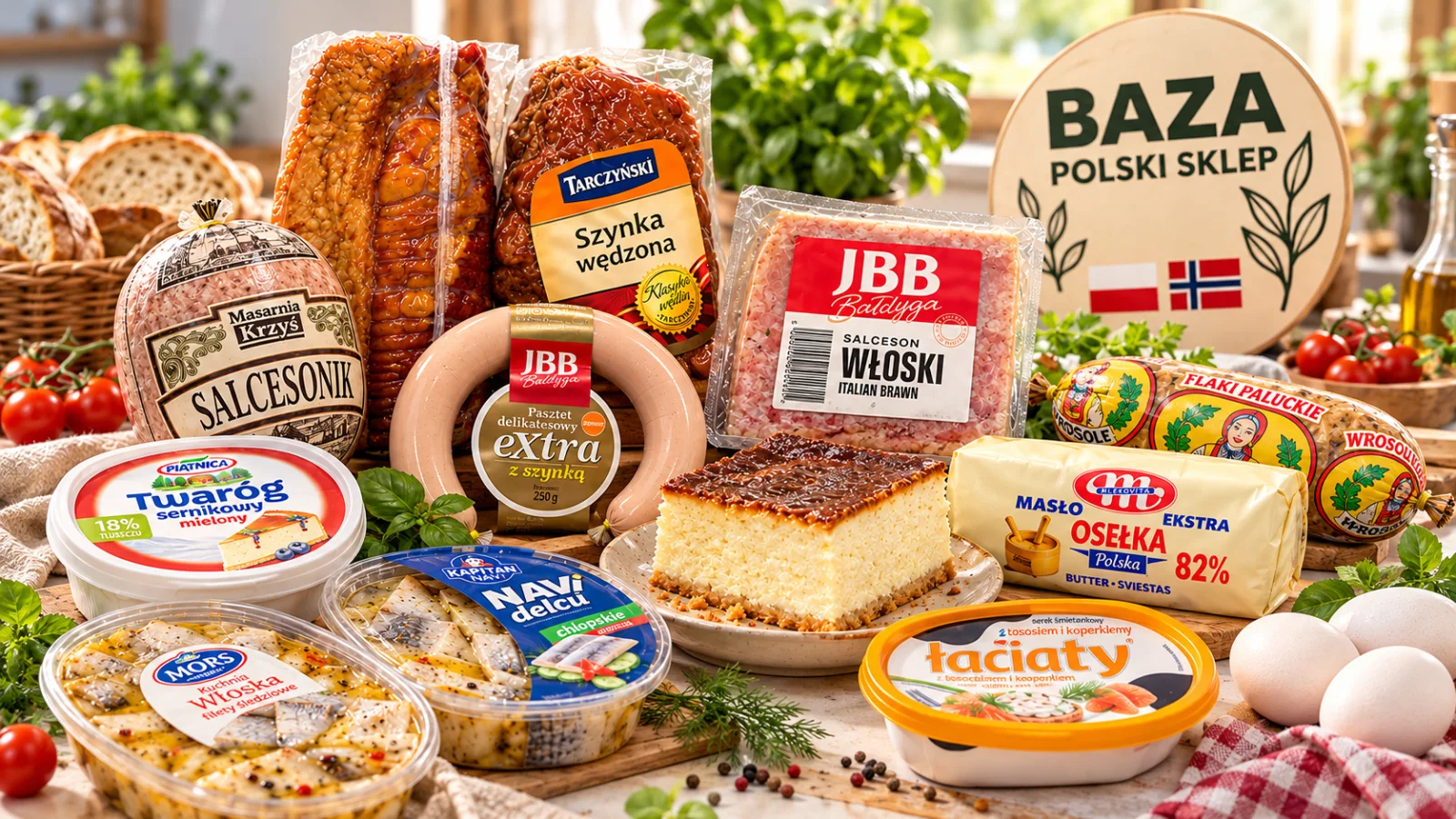 Polskie pieczywo, wędliny, nabiał i świeże warzywa na półkach Polskiego Sklepu BAZA w Lillestrøm