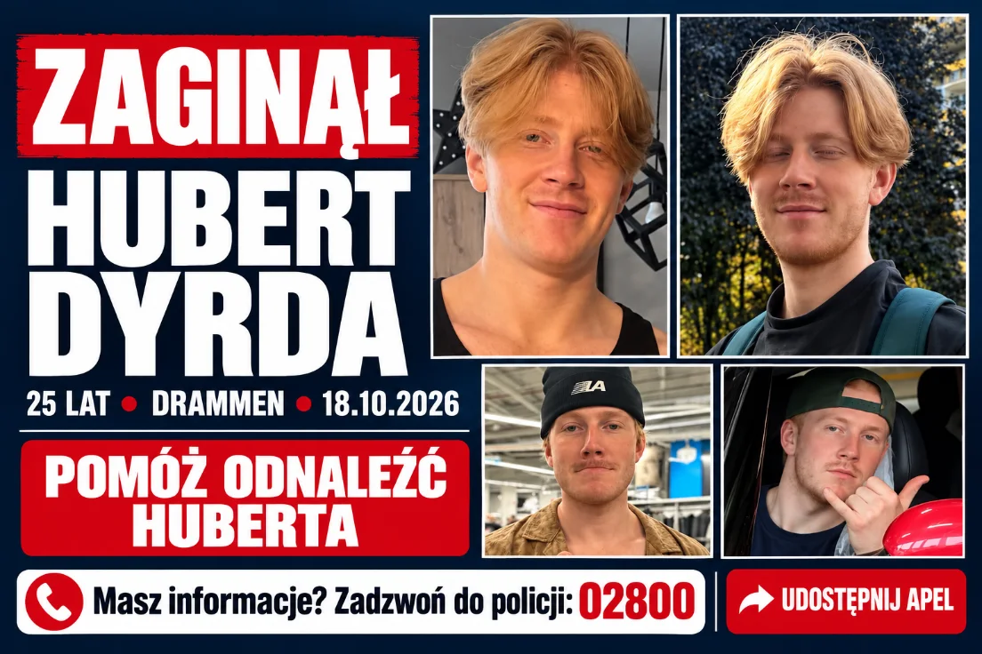 Apel o pomoc w odnalezieniu Huberta Dyrdy, 25-letniego Polaka zaginionego w Drammen, ze zdjęciami zaginionego i numerem norweskiej policji 02800.