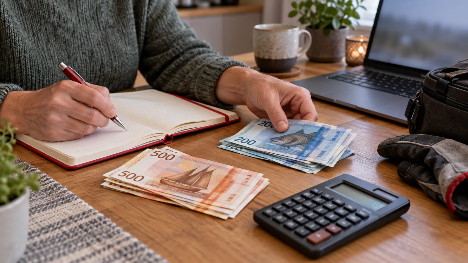 En person planlegger et budsjett ved et bord med norske sedler, en kalkulator og en notatbok; ved siden av ligger arbeidshansker.