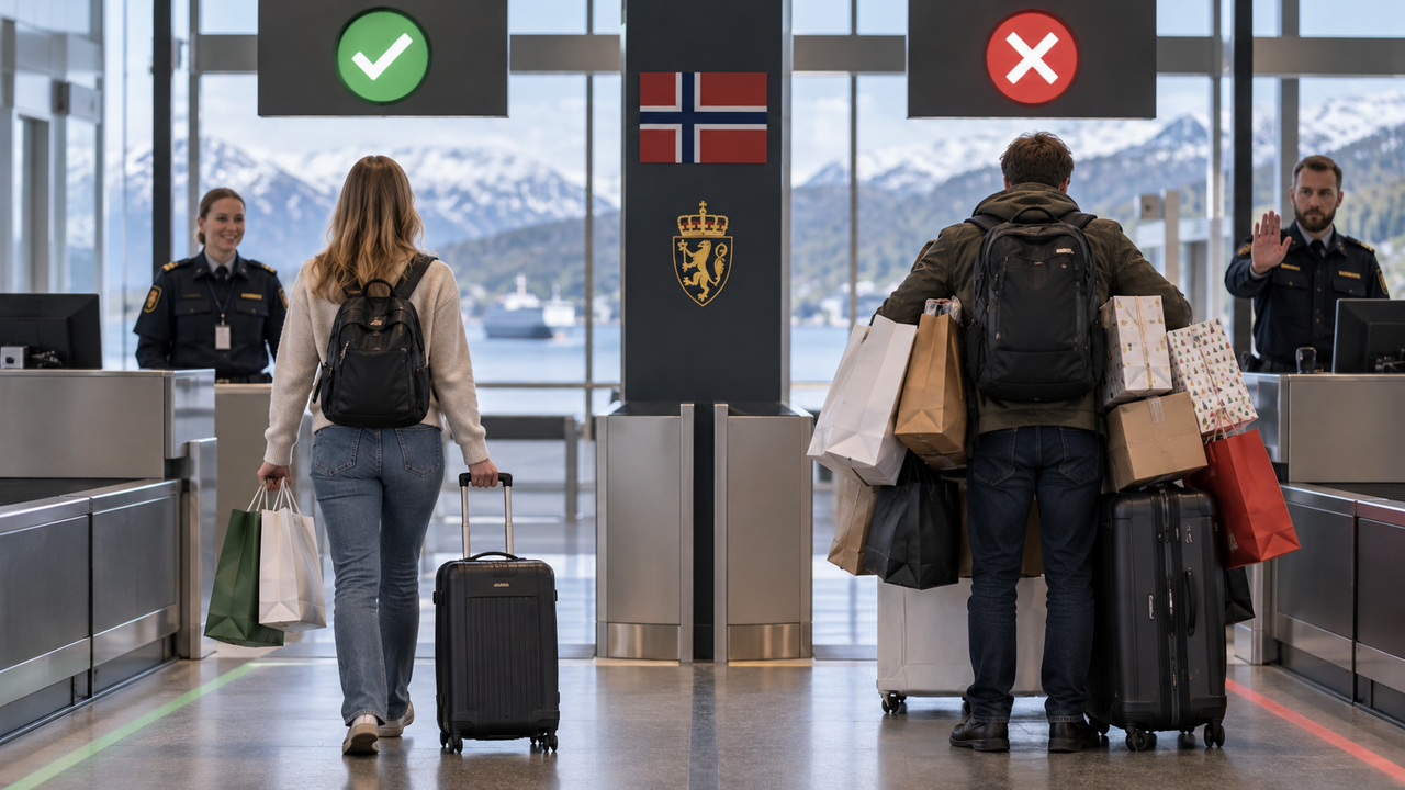 Traveler returning to Norway with purchases subject to the customs limit of 3000 or 6000 NOK.